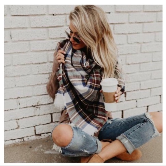 Brown Mint Tartan Plaid Blanket Scarf - Picture 2 of 4